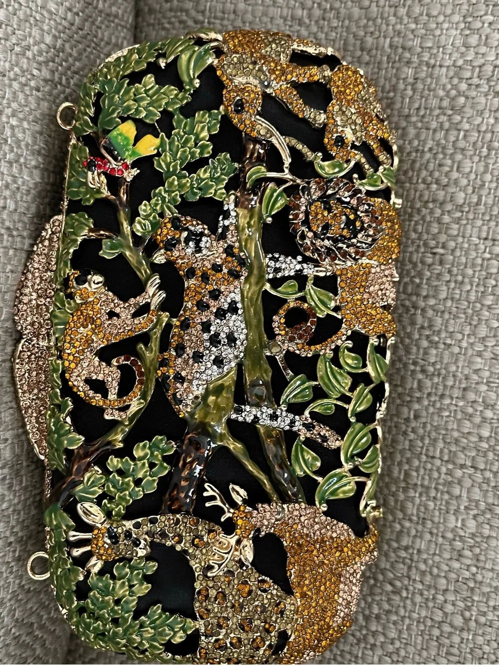 Gold-Tone Floral Embellished Clutch and attachments in Black & Green